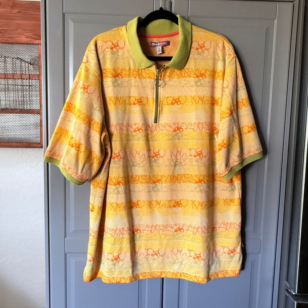 Urban Outfitters Mens Retro Stripe Baggy Zip Polo Shirt, Yellow Lime, L(NWT)